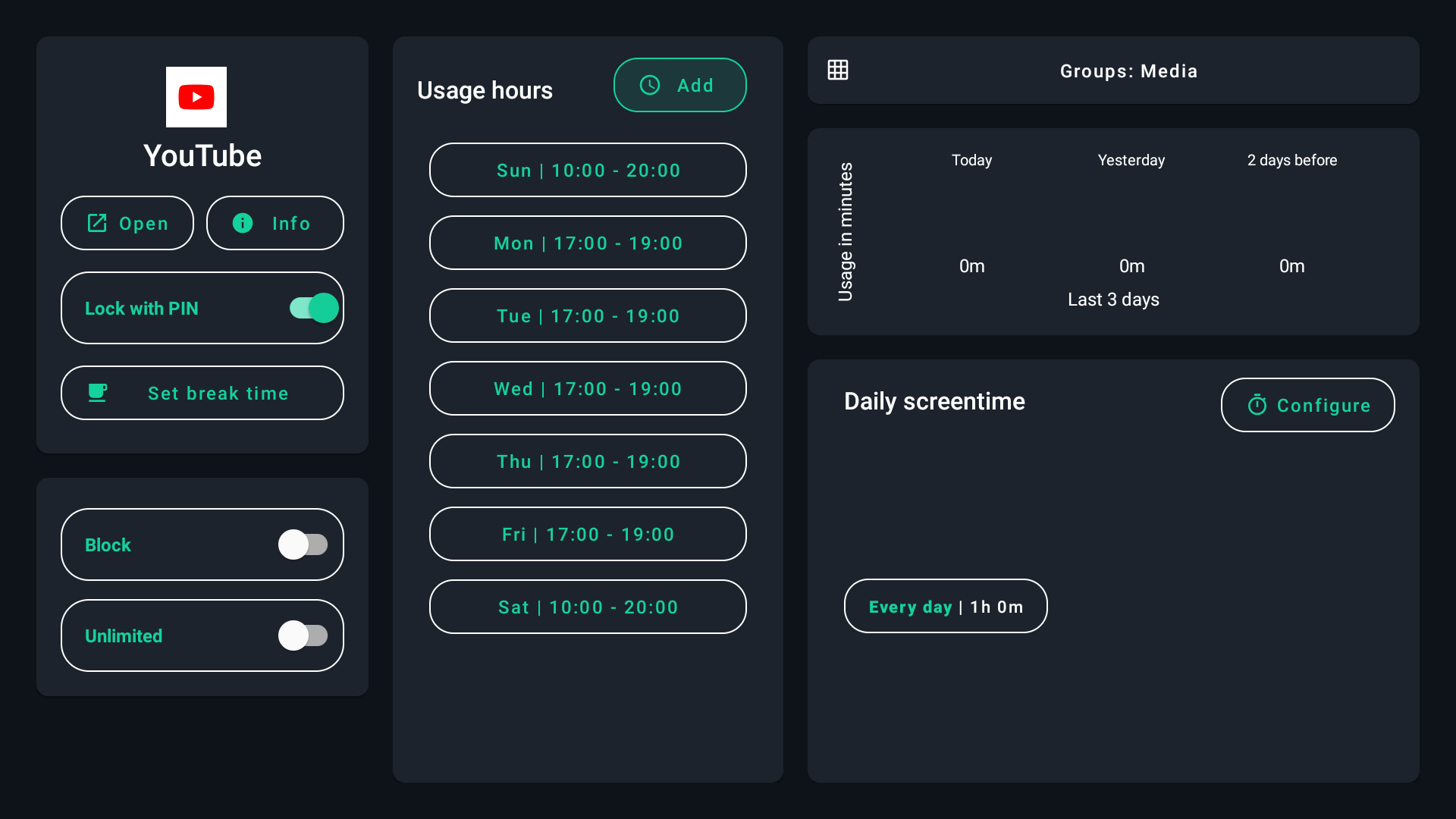 tvusage YouTube settings showing Usage hours and a Daily screentime allowance of one hour.